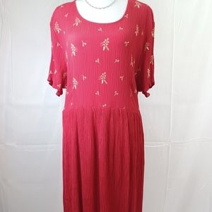90s Vintage Red Crinkle Gold Floral Embroidery Midi Dress L